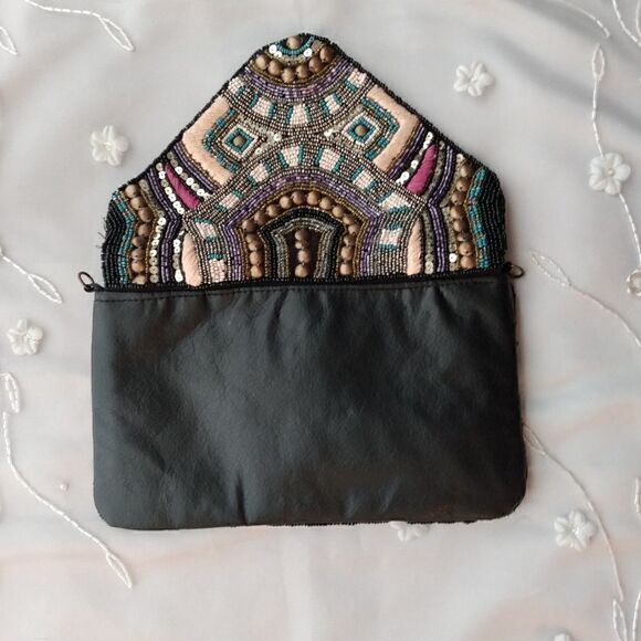 EUC Multicolored Handmade India Glass Beaded Boho Cotton & Leather Snap Clutch - Picture 11 of 13
